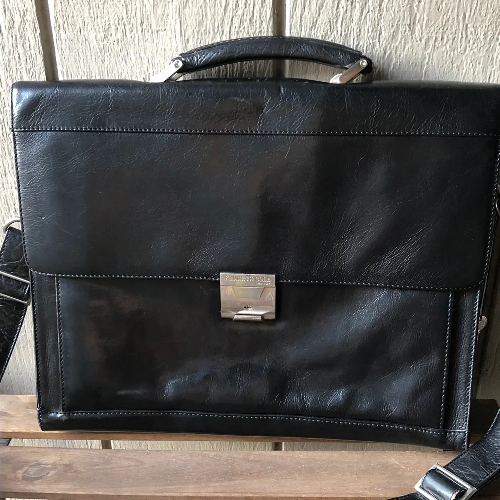 Kenneth Cole Reaction Black Leather Business Briefcase Computer Bag With Strap